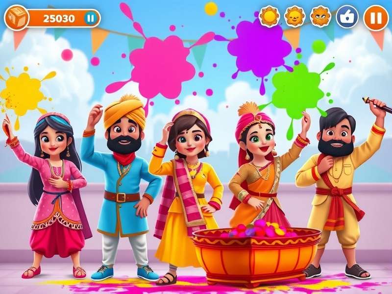 Vibrant Holi Fiesta game screenshot showing colorful characters throwing colors